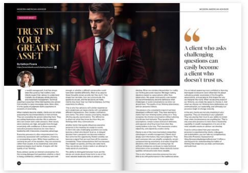 Magazine spread featuring a feature story with the headline 'Trust Is Your Greatest Asset' alongside portrait photography and body copy