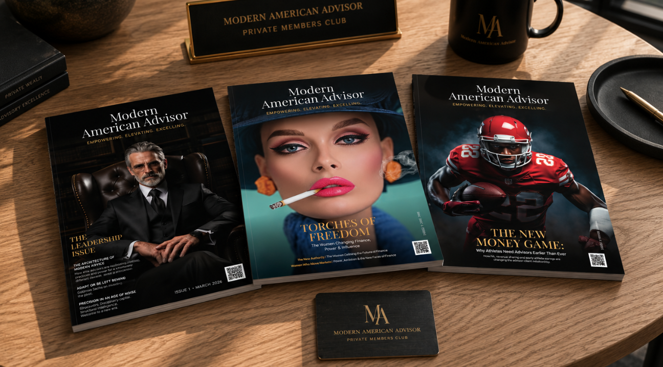 Three Modern American Advisor magazine editions displayed side by side on a desk