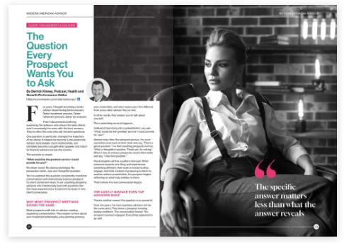 Magazine spread showing a feature titled 'The Question Every Prospect Wants You to Ask' with black and white photography and pull-quote design